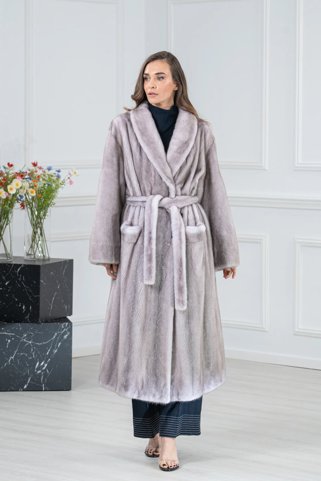 Silver Blue Mink Fur Coat - Women's Velvet Coat