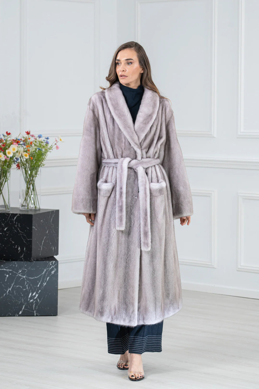 Silver Blue Mink Fur Coat - Women's Velvet Coat
