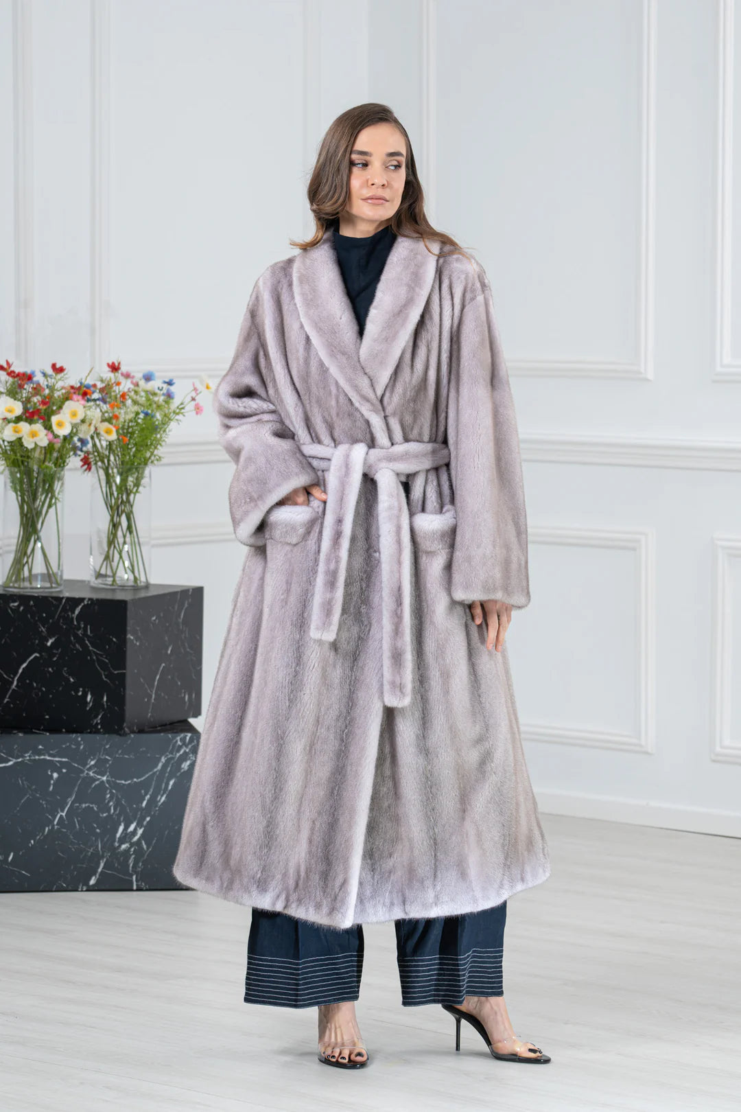 Silver Blue Mink Fur Coat - Women's Velvet Coat