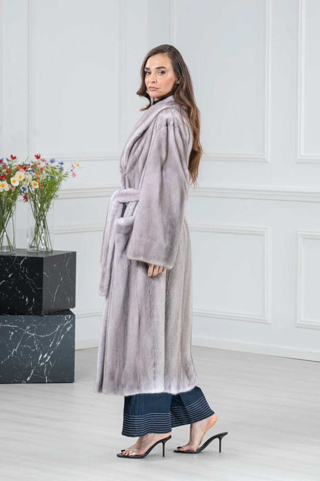 Silver Blue Mink Fur Coat - Women's Velvet Coat