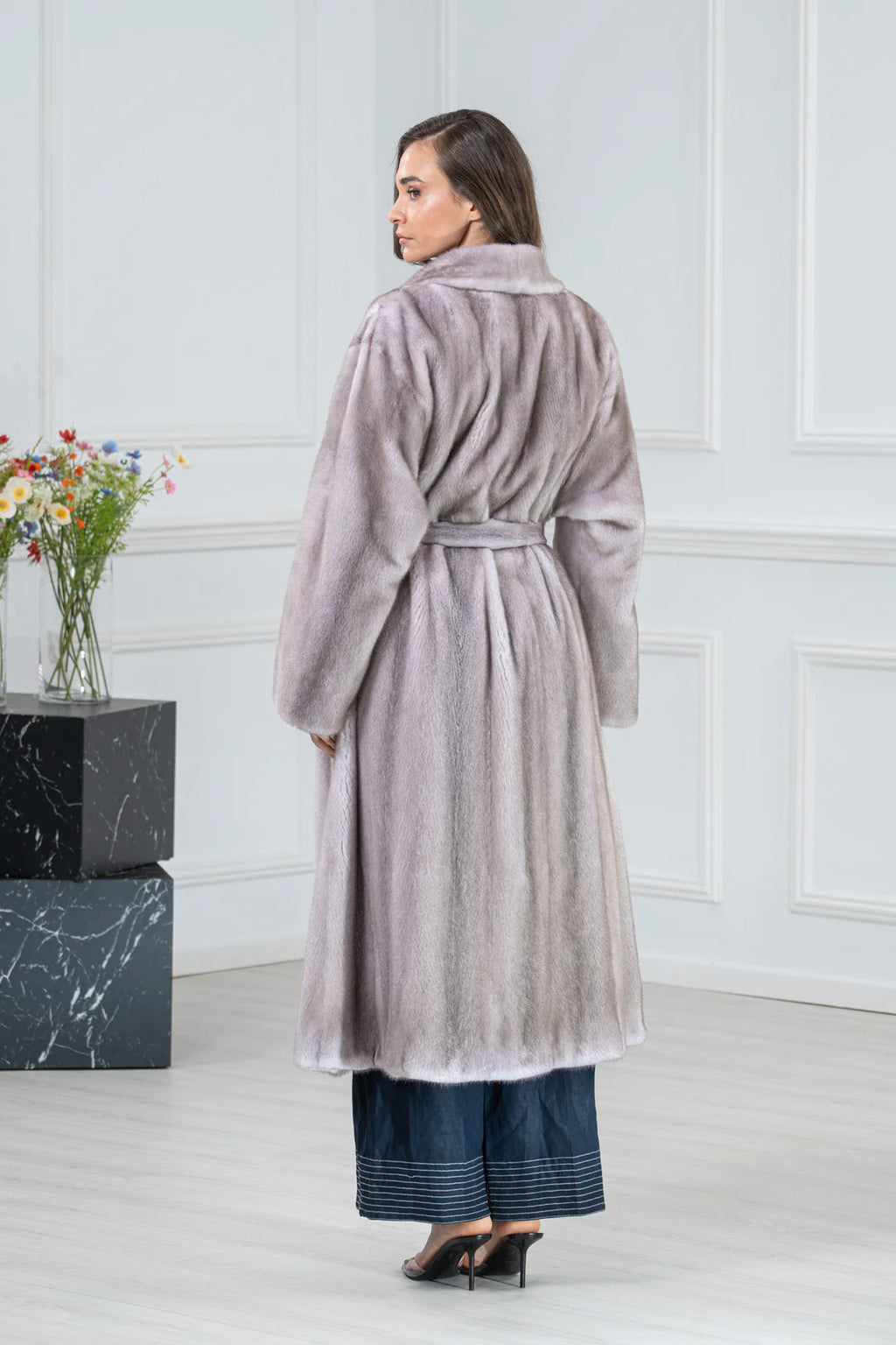 Silver Blue Mink Fur Coat - Women's Velvet Coat