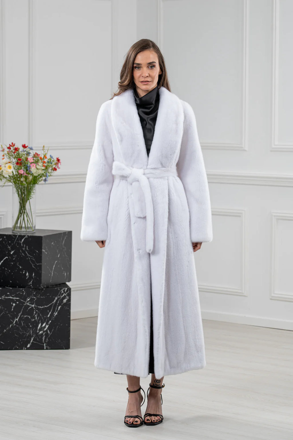 White Mink Fur Coat - Women's Velvet Coat