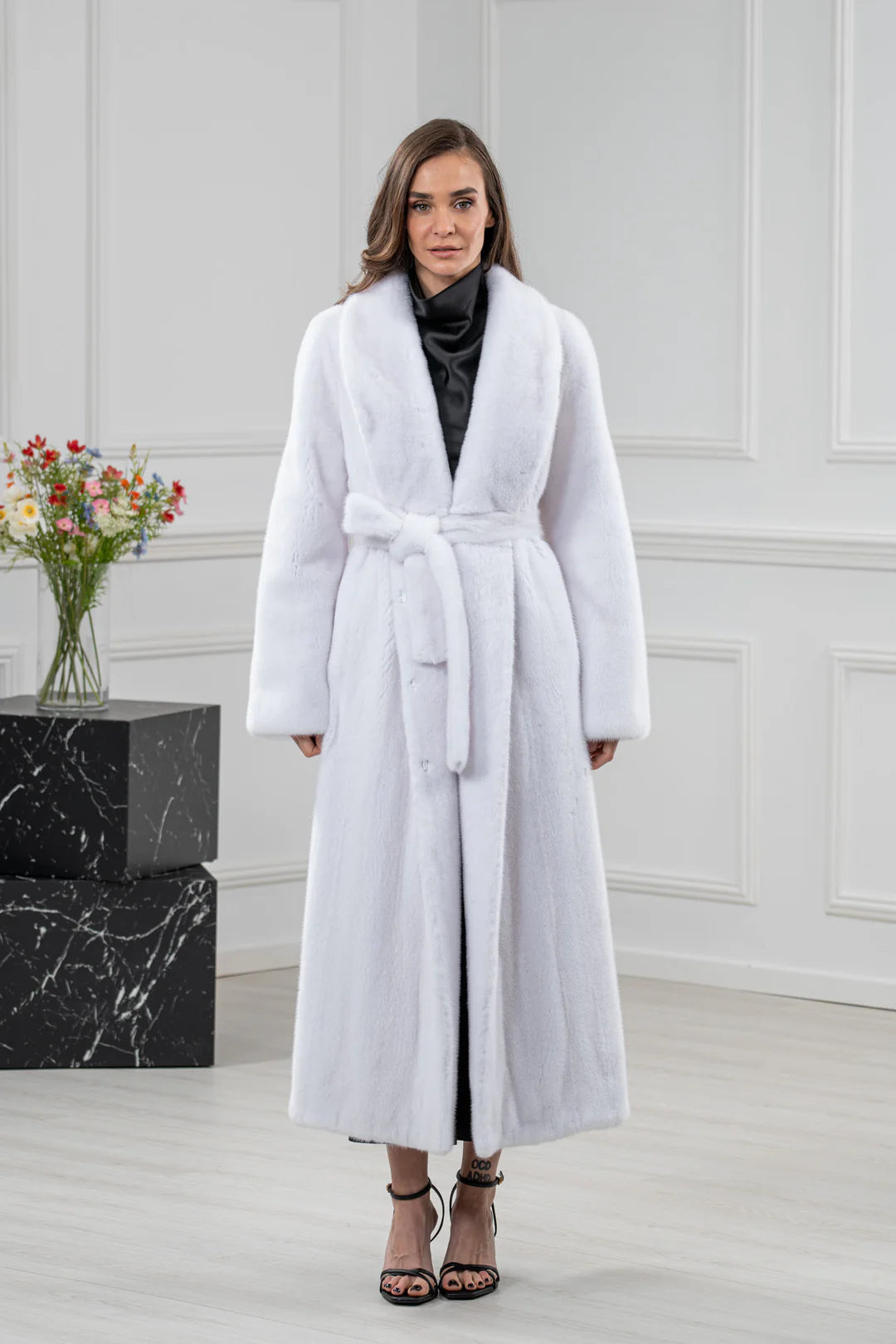 White Mink Fur Coat - Women's Velvet Coat