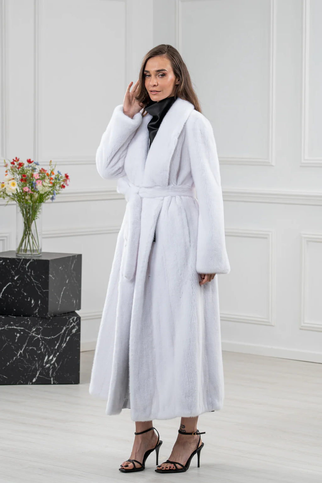 White Mink Fur Coat - Women's Velvet Coat