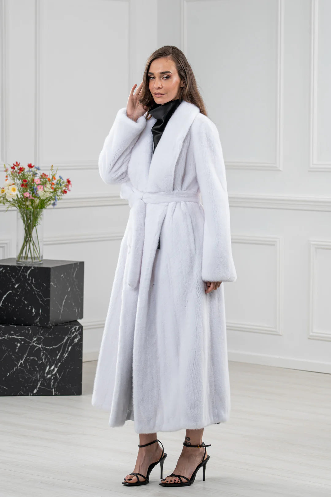 White Mink Fur Coat - Women's Velvet Coat