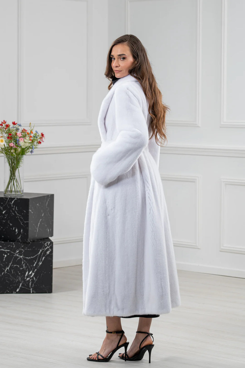 White Mink Fur Coat - Women's Velvet Coat