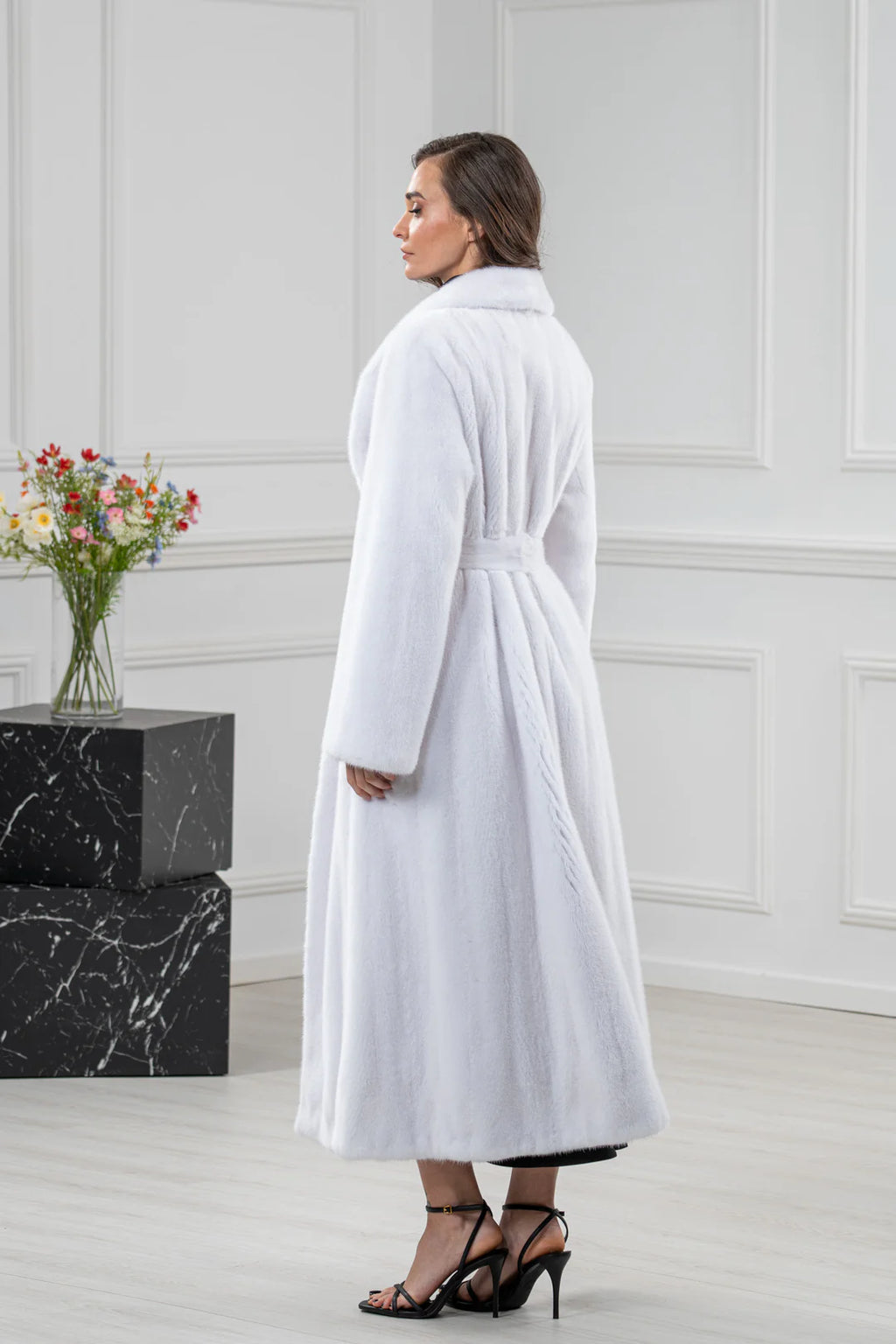 White Mink Fur Coat - Women's Velvet Coat