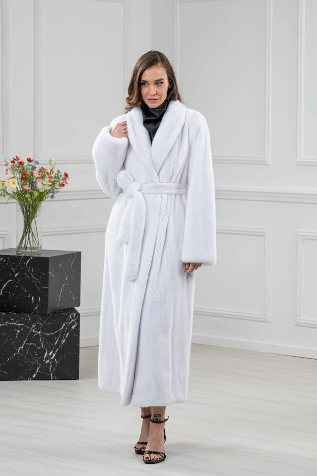 White Mink Fur Coat - Women's Velvet Coat