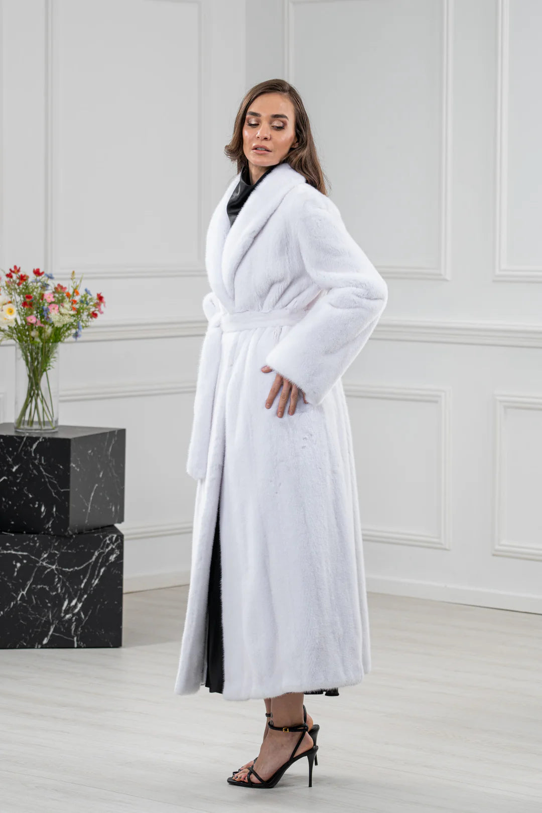 White Mink Fur Coat - Women's Velvet Coat