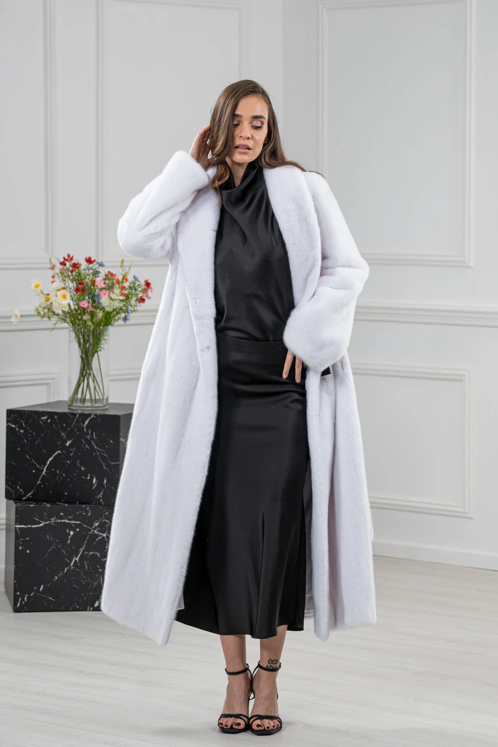 White Mink Fur Coat - Women's Velvet Coat